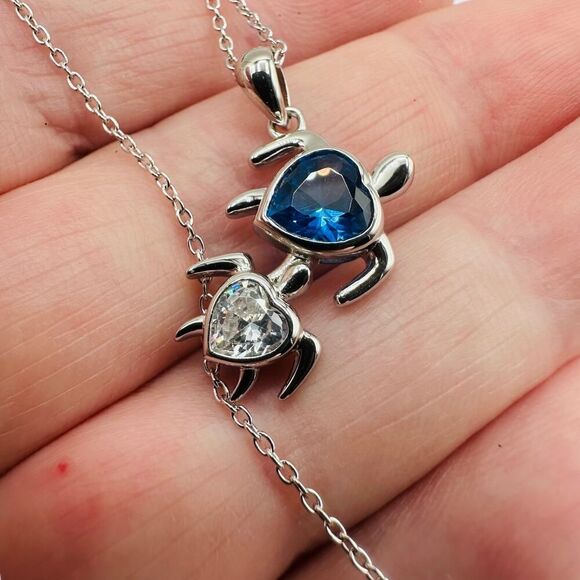 Sterling Silver Mom and Baby Turtle CZ Heart Necklace - Picture 7 of 8